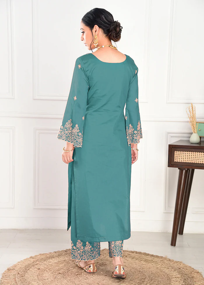 3 Pc Pine Green Readymade Viscose Dupatta Suit Set - Image 3