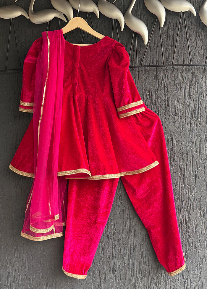 3 Pc Red Cotton Dhoti set with dupatta - Image 3