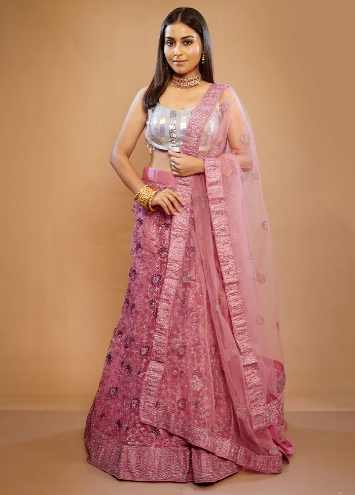 3 Pc Pink Georgette Semi Stitched Lehenga Set