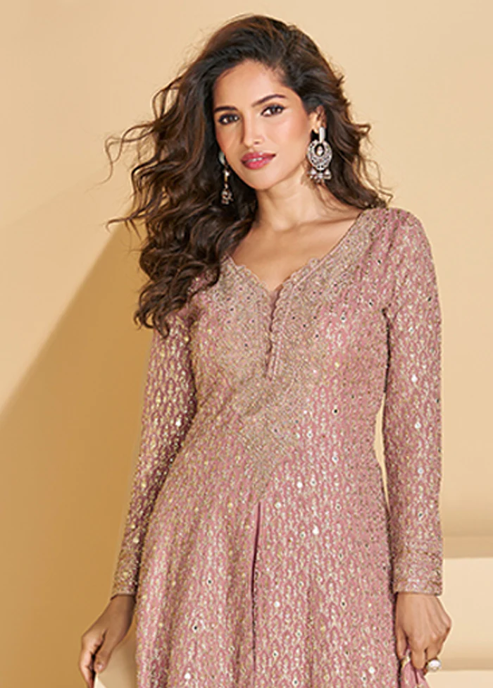3 Pc Pink Georgette Plazzo Suits Set - Image 2