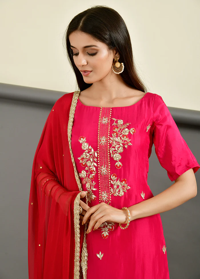 3 Pc Pink Gota Pati Work Silk Suit Set With Dupatta - Image 3