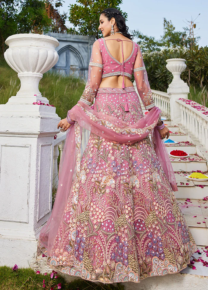 3 Pc Pink Net Semi Stitched Lehenga Set - Image 2