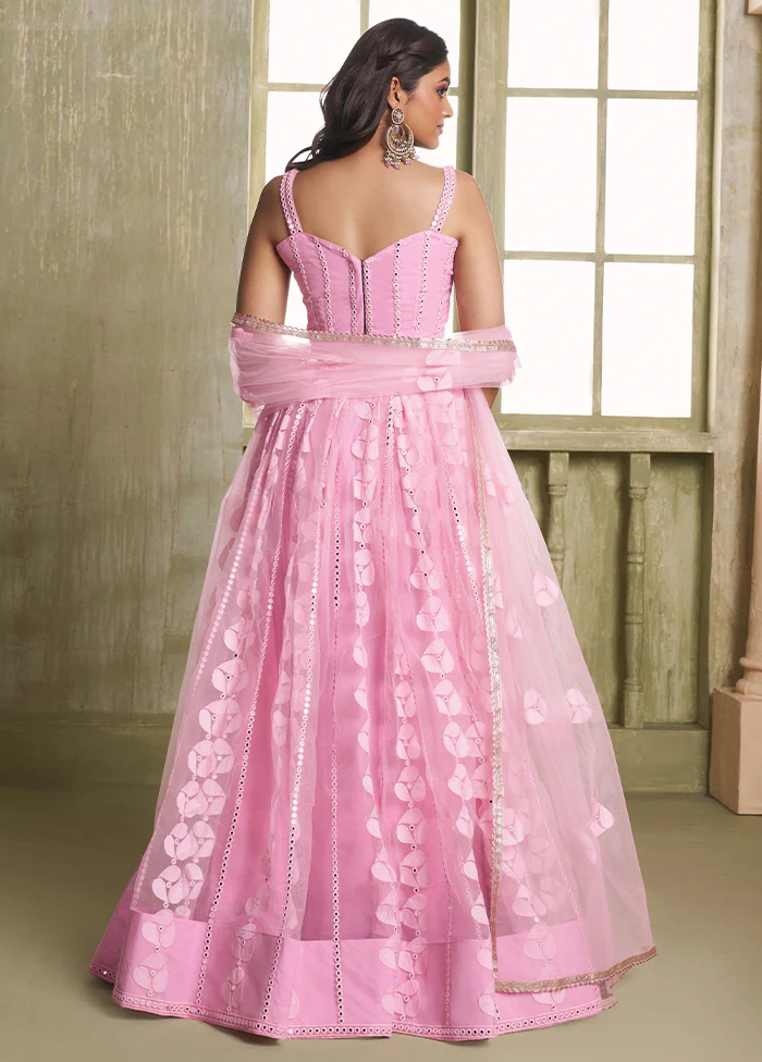 3 Pc Pink Net Semi Stitched Lehenga Set - Image 2
