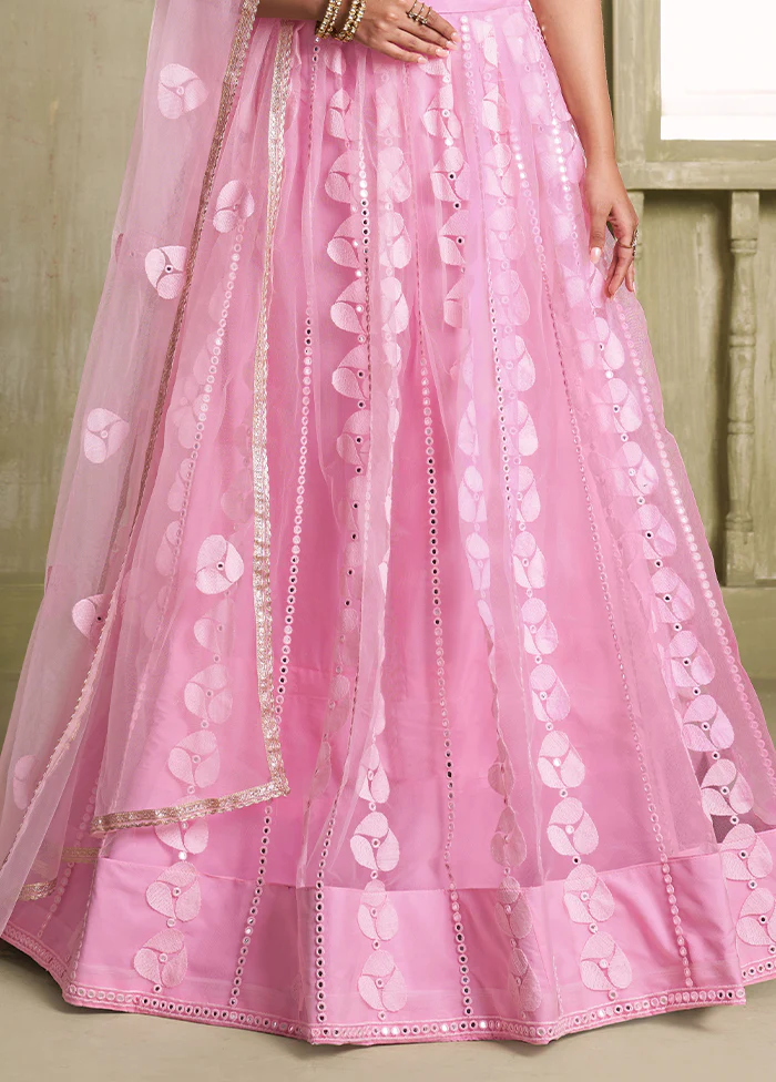 3 Pc Pink Net Semi Stitched Lehenga Set - Image 3