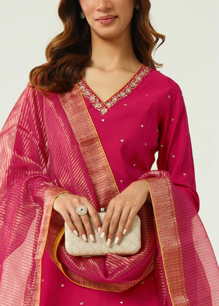 3 Pc Pink Readymade Chanderi Dupatta Suit Set - Image 2