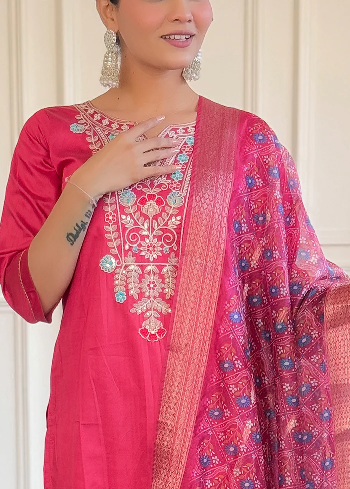 3 Pc Pink Readymade Chanderi Dupatta Suit Set - Image 2