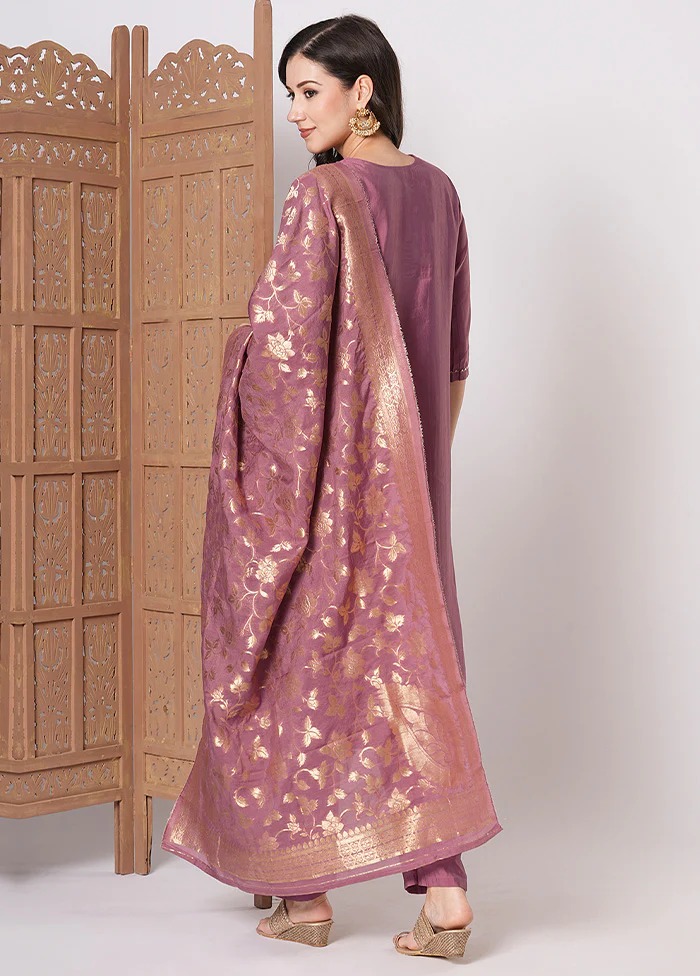 3 Pc Pink Readymade Chanderi Dupatta Suit Set - Image 2