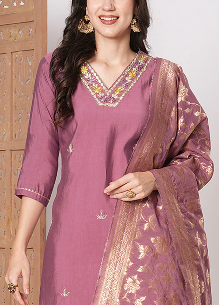 3 Pc Pink Readymade Chanderi Dupatta Suit Set - Image 3