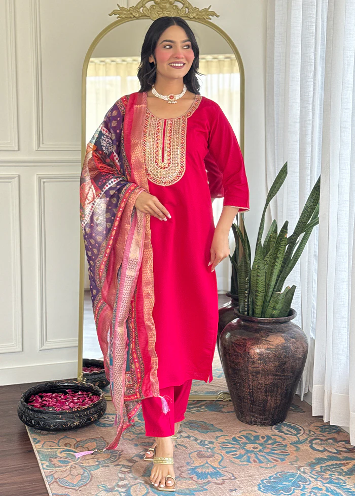3 Pc Pink Readymade Chanderi Dupatta Suit Set