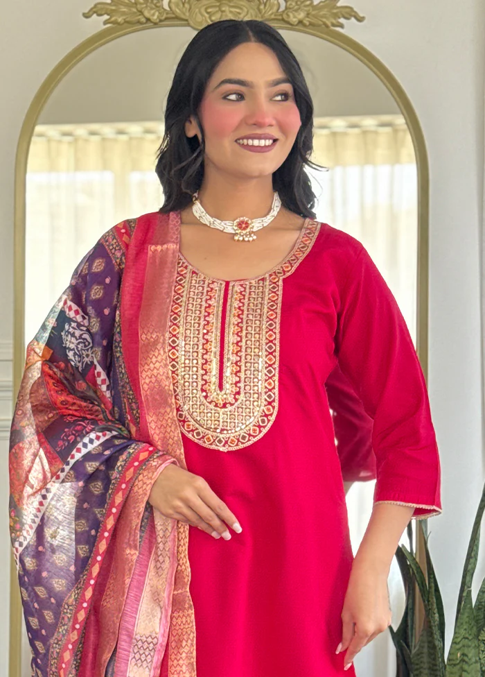 3 Pc Pink Readymade Chanderi Dupatta Suit Set - Image 2