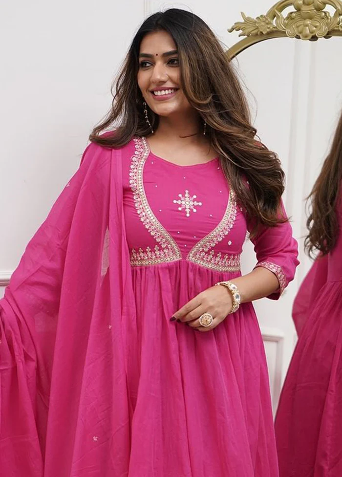 3 Pc Pink Readymade Cotton Dupatta Suit Set - Image 2