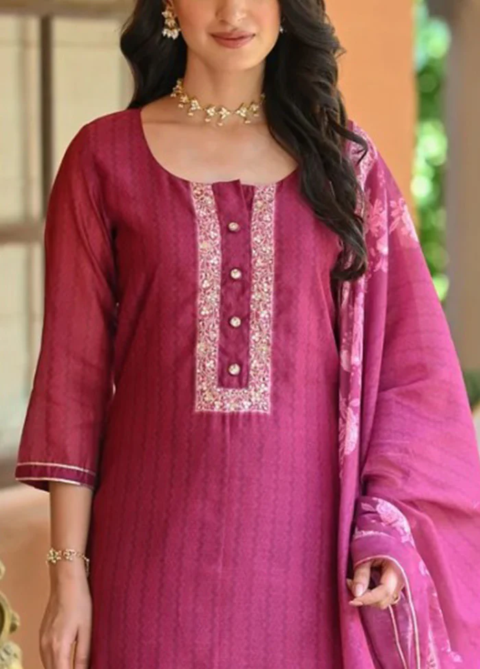 3 Pc Pink Readymade Rayon Dupatta Suit Set - Image 3