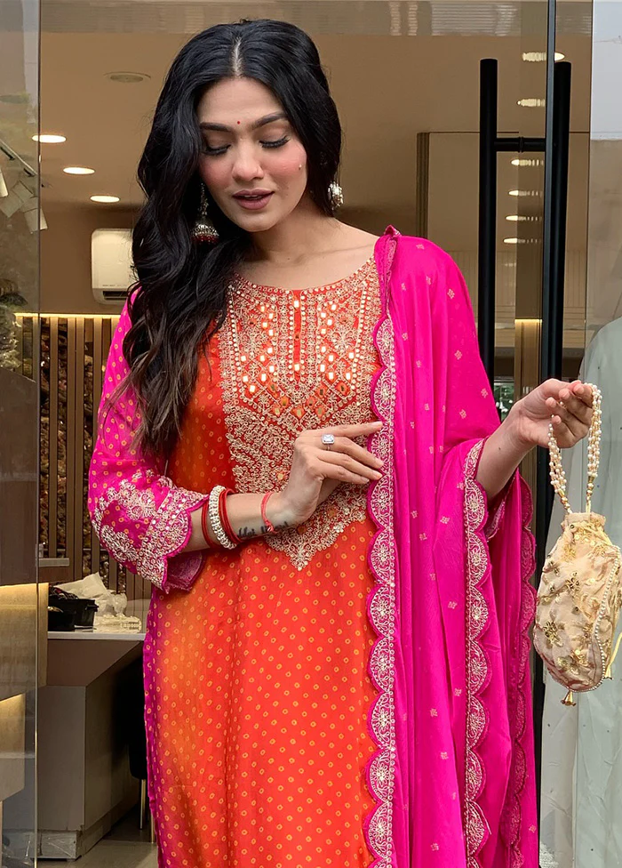 3 Pc Pink Readymade Silk Dupatta Suit Set - Image 2