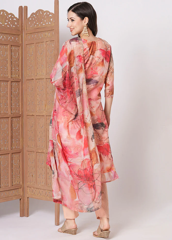 3 Pc Pink Readymade Silk Dupatta Suit Set - Image 2