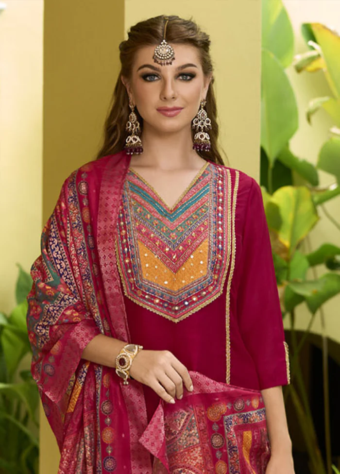 3 Pc Pink Readymade Silk Dupatta Suit Set - Image 2