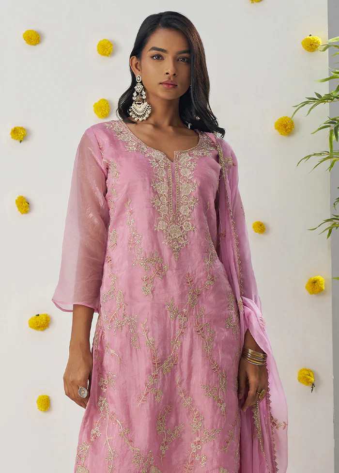 3 Pc Pink Readymade Silk Dupatta Suit Set - Image 2