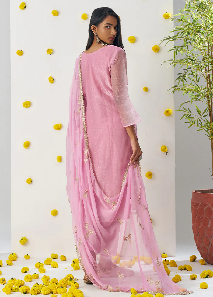 3 Pc Pink Readymade Silk Dupatta Suit Set - Image 3