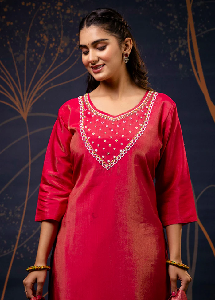 3 Pc Pink Readymade Silk Dupatta Suit Set - Image 2