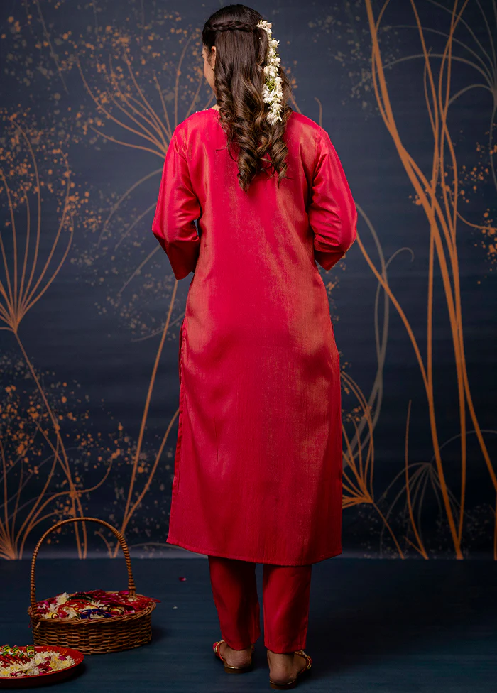 3 Pc Pink Readymade Silk Dupatta Suit Set - Image 3