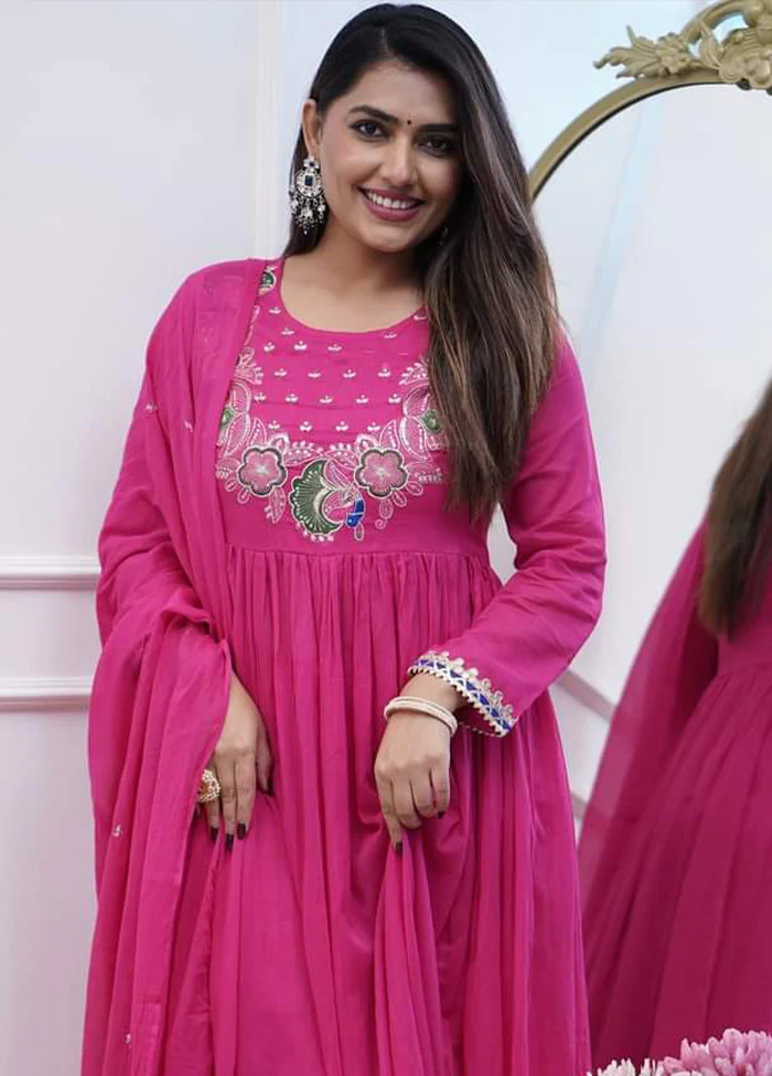 3 Pc Pink Readymade Silk Dupatta Suit Set - Image 2
