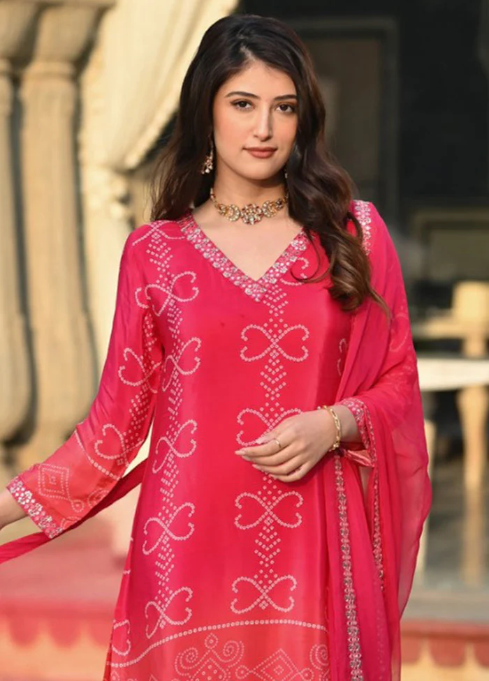 3 Pc Pink Readymade Silk Dupatta Suit Set - Image 2