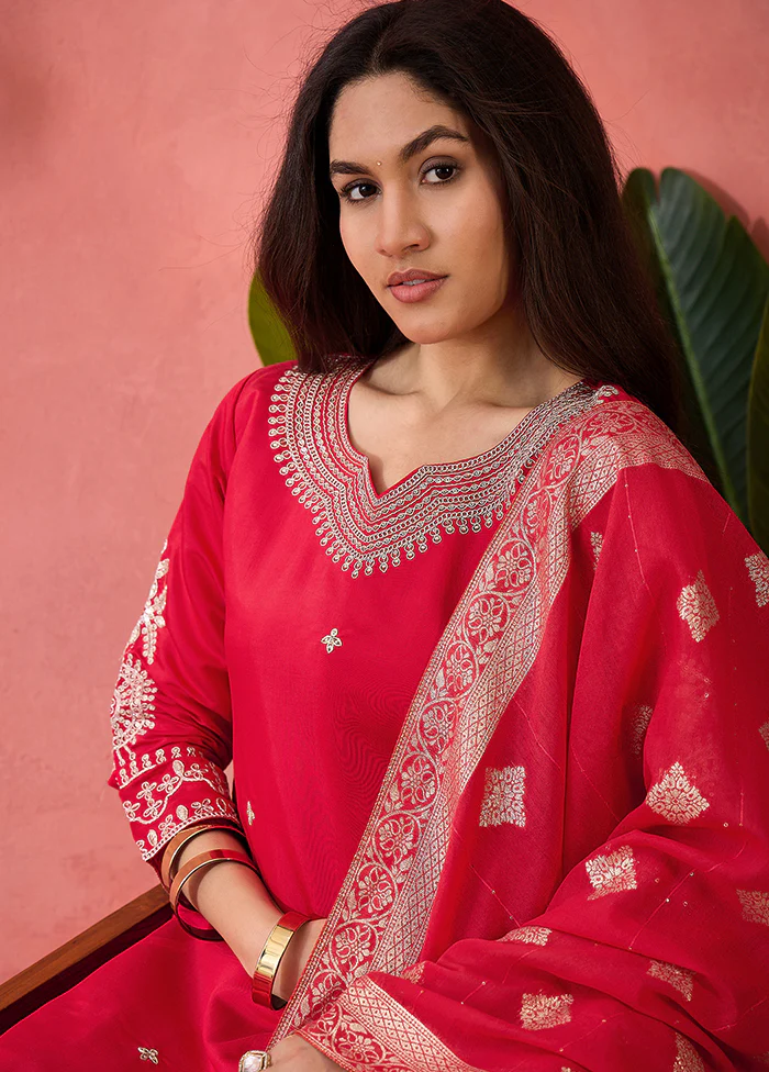 3 Pc Pink Readymade Silk Dupatta Suit Set - Image 2