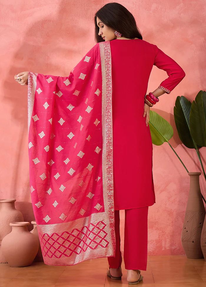 3 Pc Pink Readymade Silk Dupatta Suit Set - Image 3