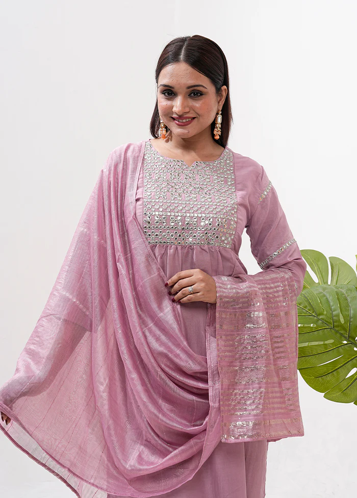 3 Pc Pink Readymade Silk Dupatta Suit Set - Image 2