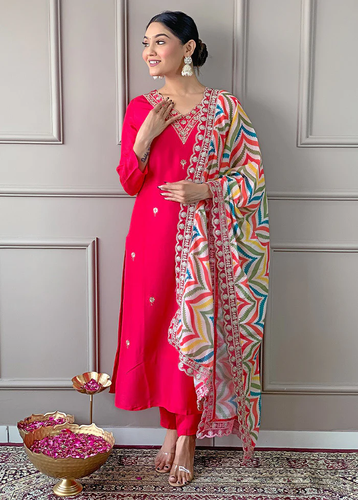 3 Pc Pink Readymade Viscose Dupatta Suit Set