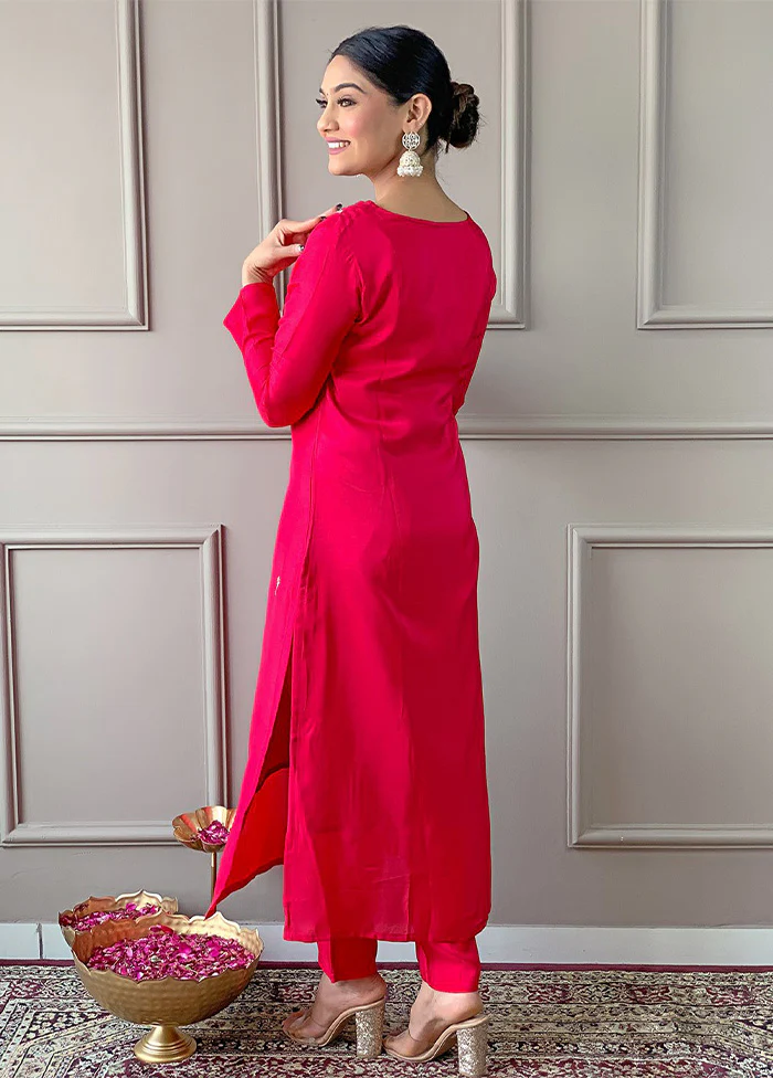 3 Pc Pink Readymade Viscose Dupatta Suit Set - Image 2