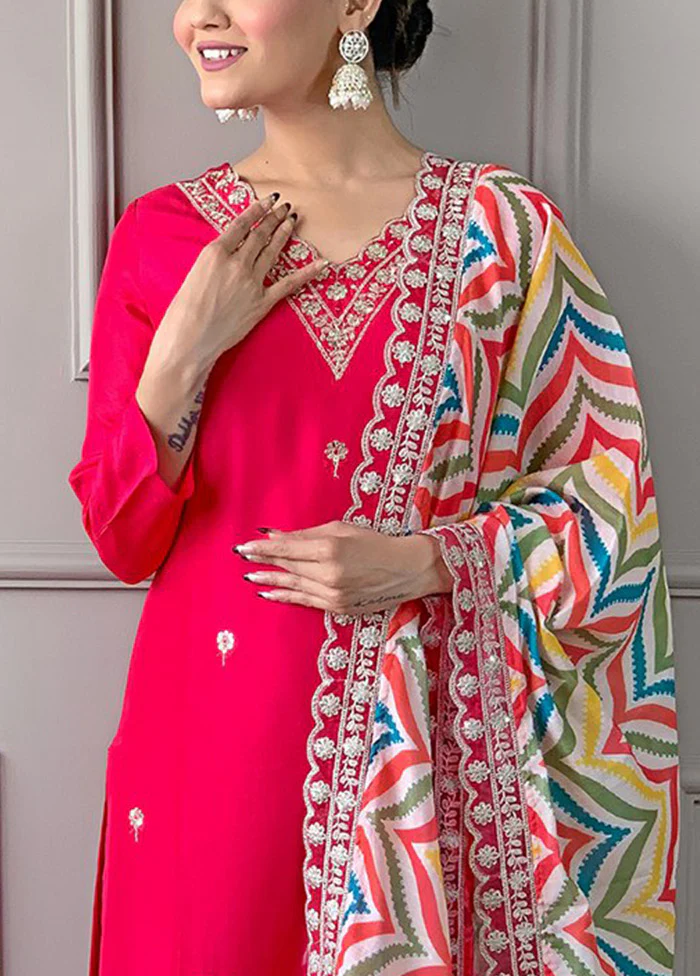 3 Pc Pink Readymade Viscose Dupatta Suit Set - Image 3