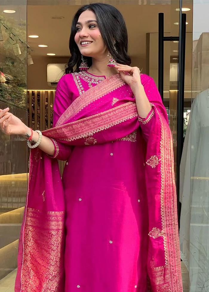 3 Pc Pink Readymade Viscose Dupatta Suit Set - Image 2