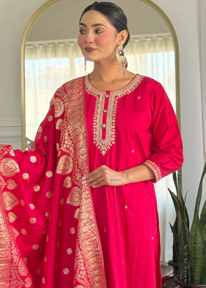 3 Pc Pink Readymade Viscose Dupatta Suit Set - Image 2