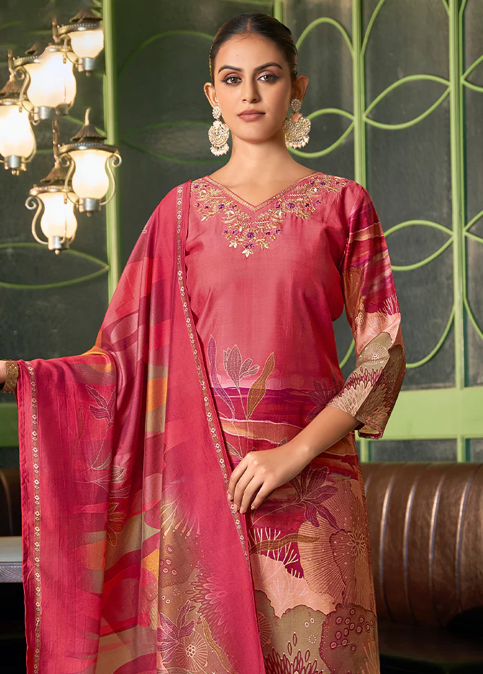 3 Pc Pink Readymade Viscose Dupatta Suit Set - Image 2