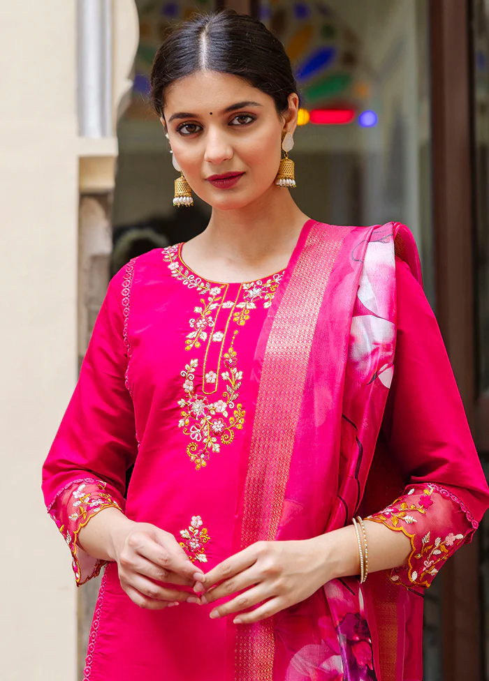 3 Pc Pink Readymade Viscose Dupatta Suit Set - Image 2