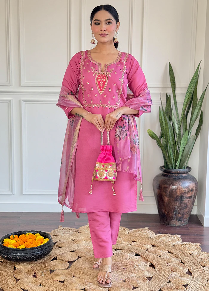 3 Pc Pink Readymade Viscose Dupatta Suit Set
