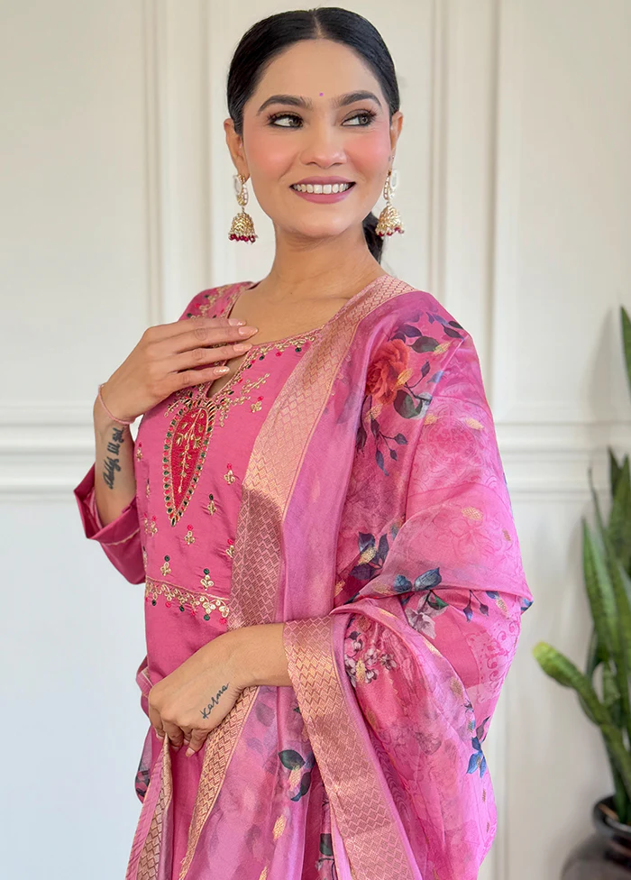 3 Pc Pink Readymade Viscose Dupatta Suit Set - Image 2