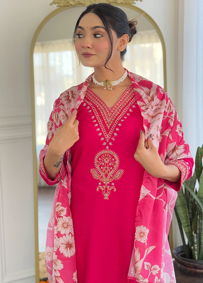 3 Pc Pink Readymade Viscose Dupatta Suit Set - Image 2
