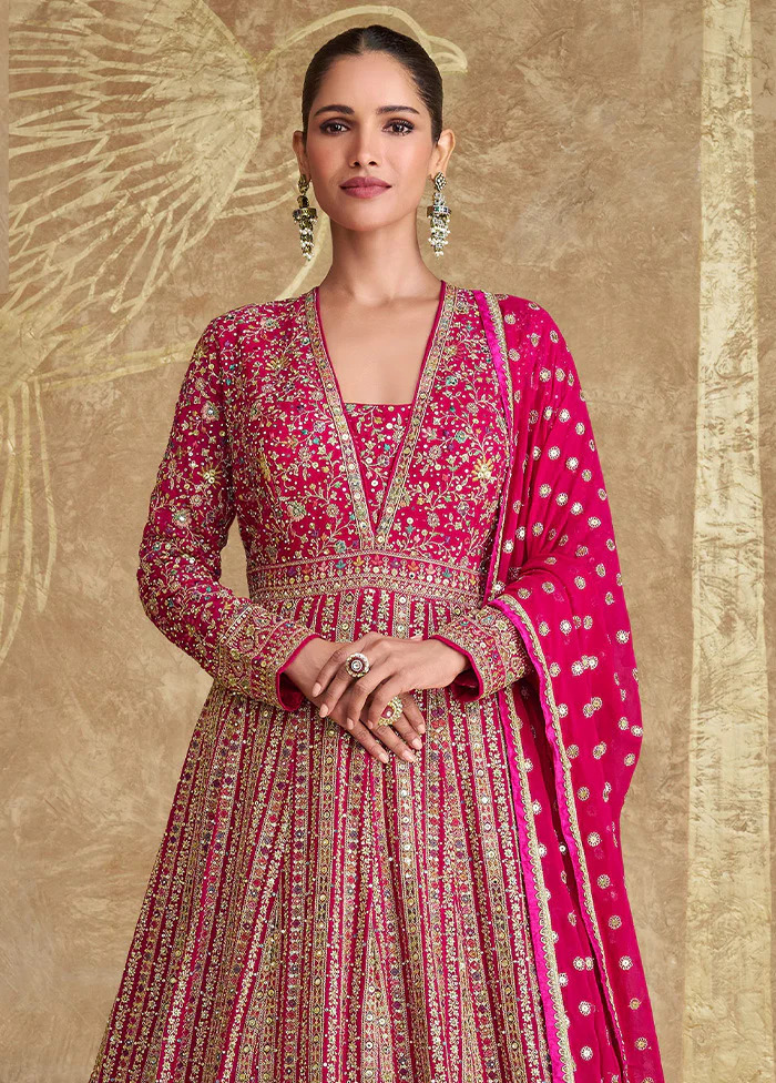 3 Pc Pink Semi Stitched Georgette Dupatta Suit Set - Image 2