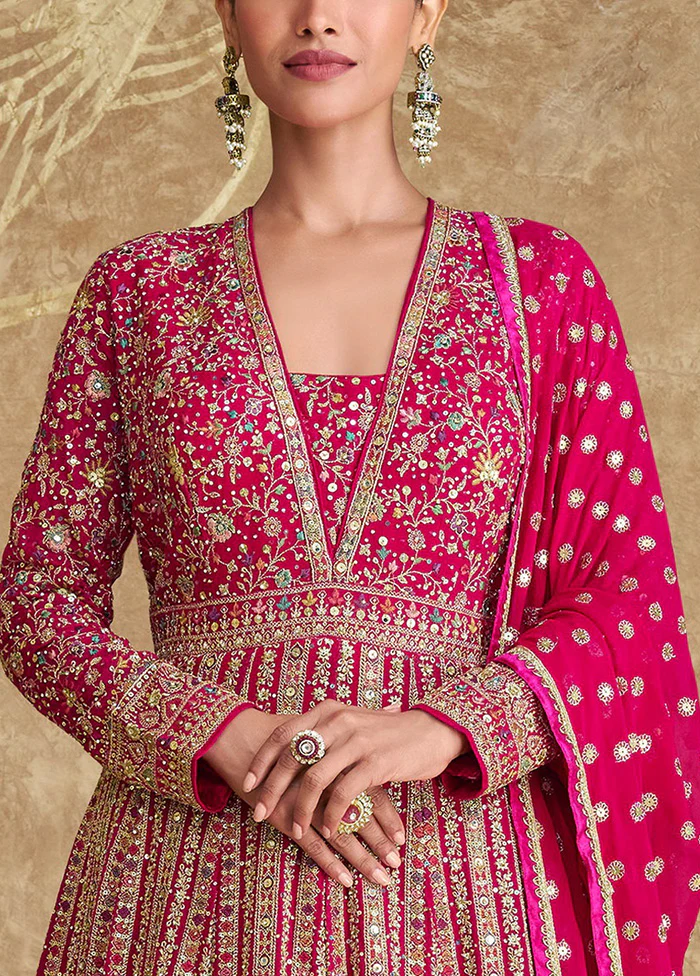 3 Pc Pink Semi Stitched Georgette Dupatta Suit Set - Image 3