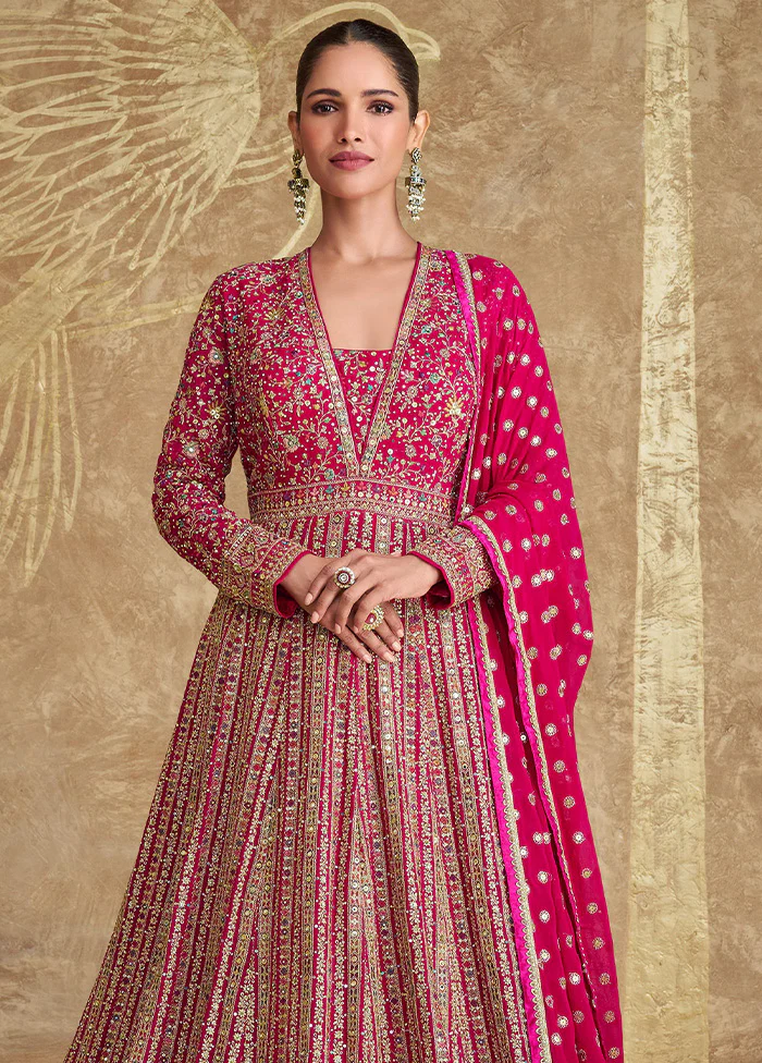 3 Pc Pink Semi Stitched Georgette Suit Set - Image 2