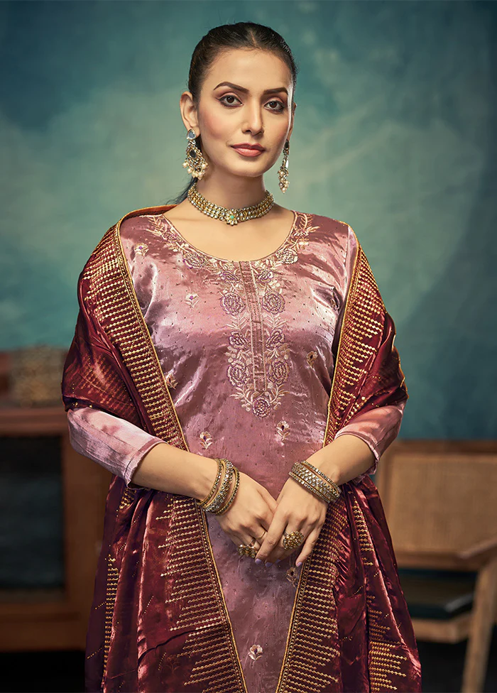 3 Pc Pink Semi Stitched Silk Dupatta Suit Set - Image 2