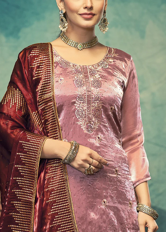 3 Pc Pink Semi Stitched Silk Dupatta Suit Set - Image 3