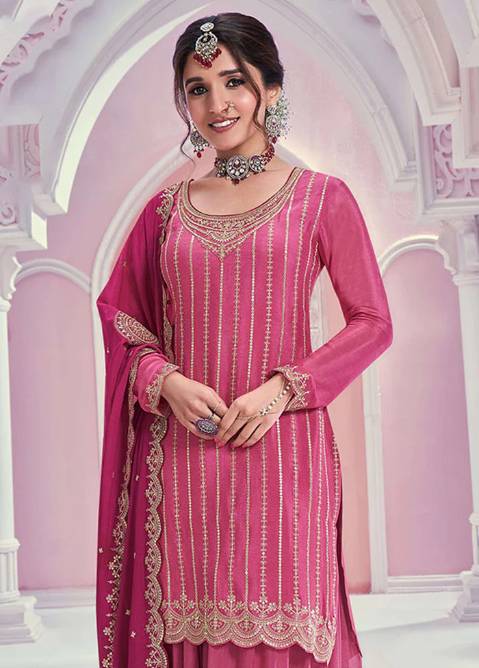 3 Pc Pink Semi Stitched Silk Dupatta Suit Set - Image 2
