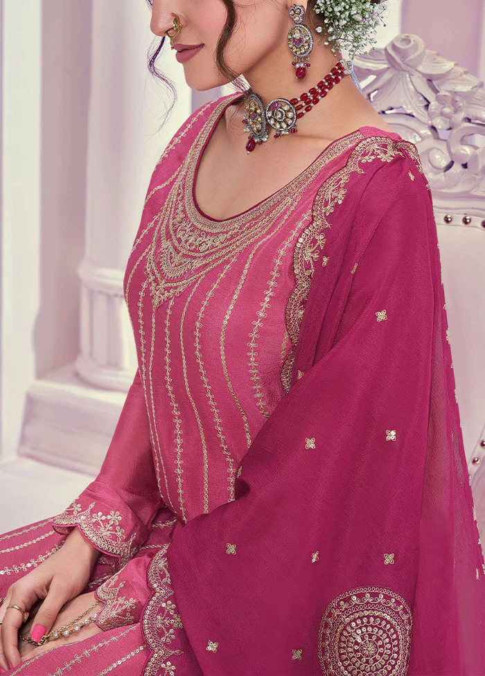 3 Pc Pink Semi Stitched Silk Dupatta Suit Set - Image 3