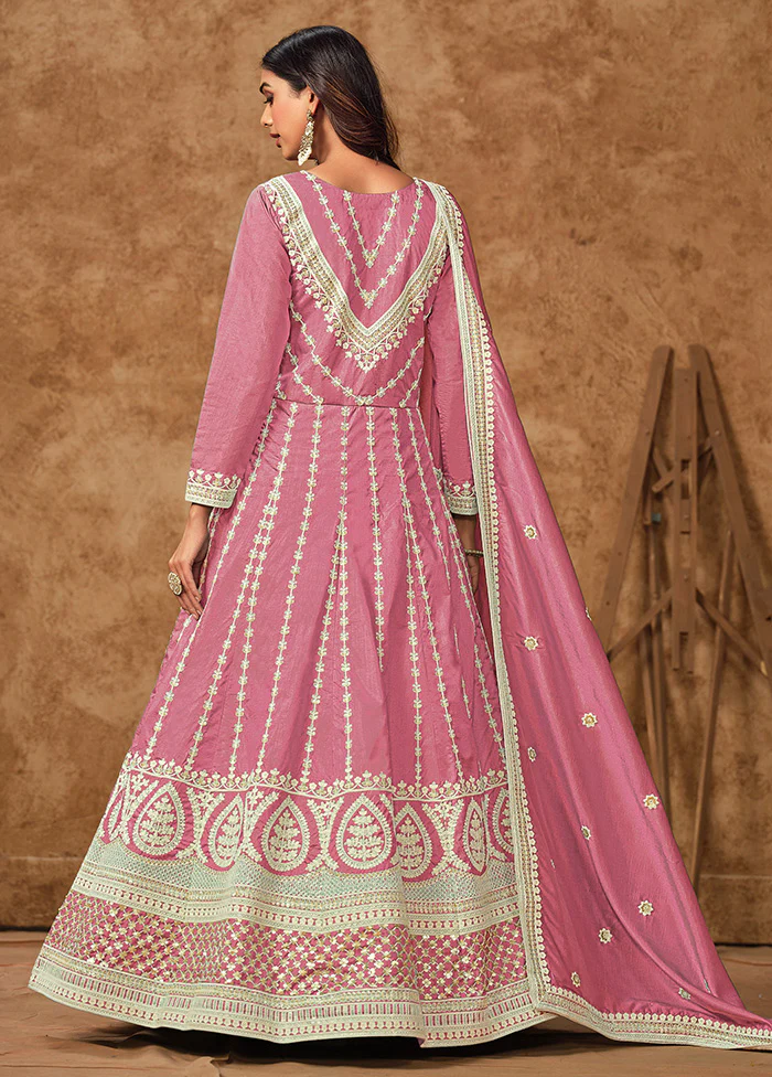 3 Pc Pink Semi Stitched Silk Suit Set - Image 2