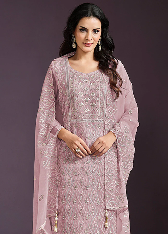 3 Pc Pink Semi Stitched Silk Suit Set - Image 2