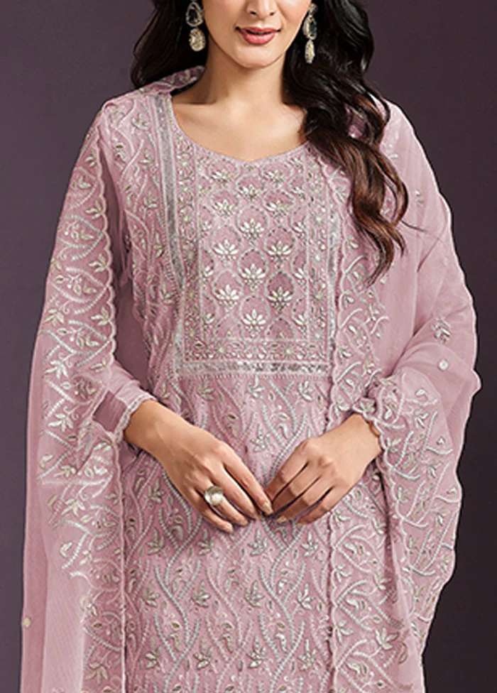 3 Pc Pink Semi Stitched Silk Suit Set - Image 3