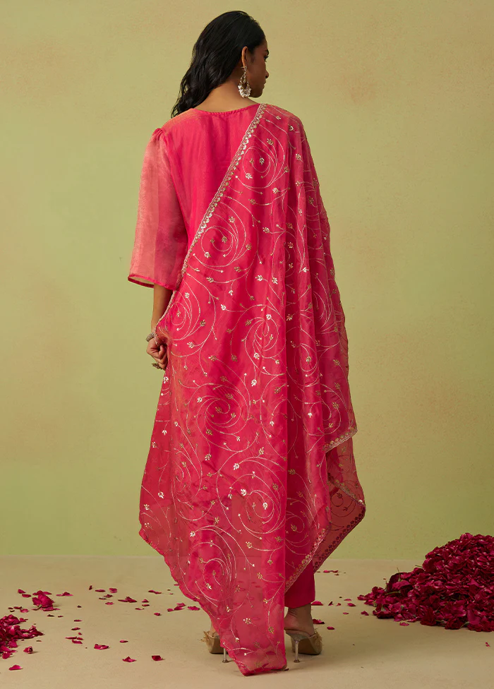 3 Pc Pink Semi Stitched Silk Suit Set - Image 2