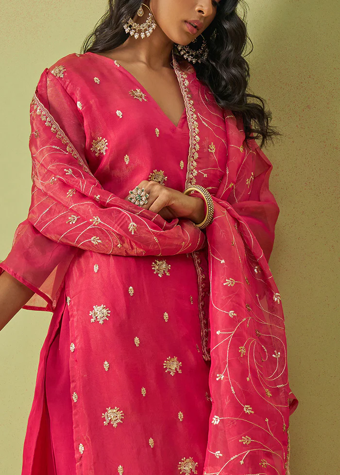 3 Pc Pink Semi Stitched Silk Suit Set - Image 3